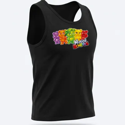 Cartoonish T-shirt featuring colorful jujube bear characters with playful expressions. — printed on a tank top