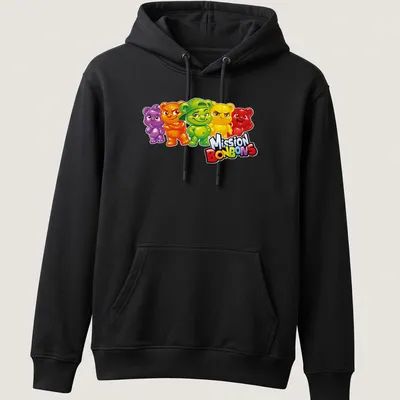 Cartoonish T-shirt featuring colorful jujube bear characters with playful expressions. — printed on a unisex hoodie