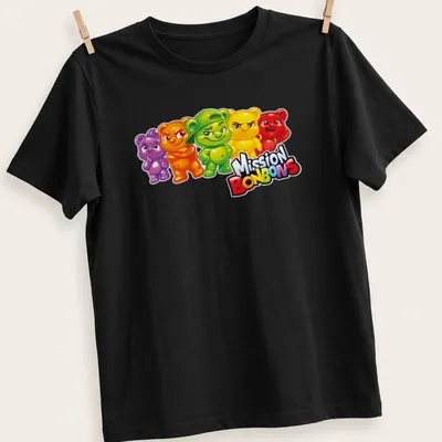 Cartoonish T-shirt featuring colorful jujube bear characters with playful expressions.