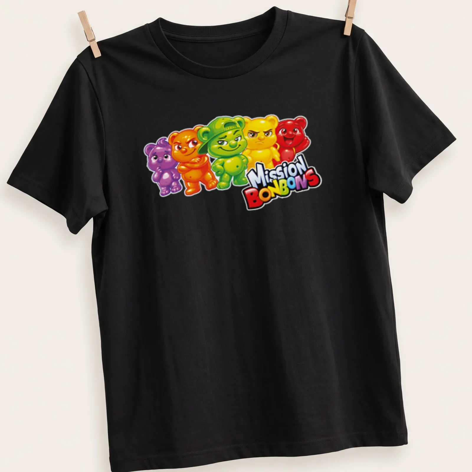 Cartoonish T-shirt featuring colorful jujube bear characters with playful expressions. — printed on a unisex t-shirt