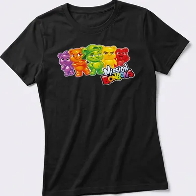 Cartoonish T-shirt featuring colorful jujube bear characters with playful expressions. — printed on a women's shirt