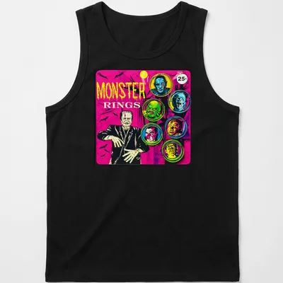 Vintage comic-style t-shirt featuring colorful monster faces and bold 'MONSTER RINGS' text — printed on a tank top