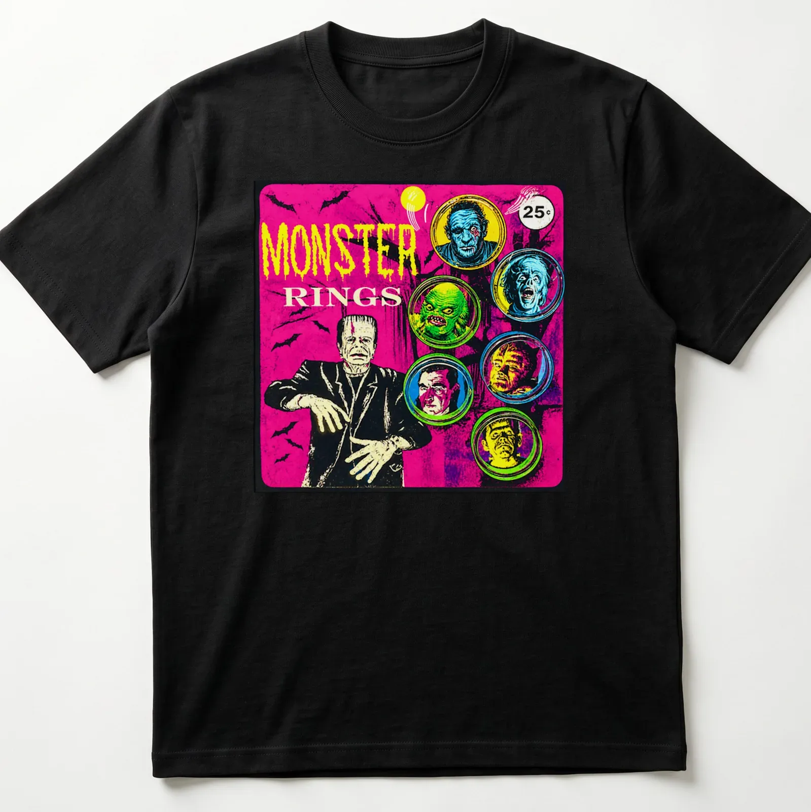 Vintage comic-style t-shirt featuring colorful monster faces and bold 'MONSTER RINGS' text — printed on a unisex t-shirt