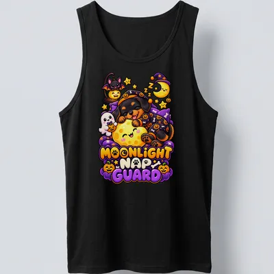 Kawaii illustration of a sleeping Rottweiler with a pumpkin and colorful text — printed on a tank top