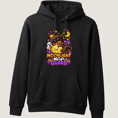 Kawaii illustration of a sleeping Rottweiler with a pumpkin and colorful text — printed on a unisex hoodie