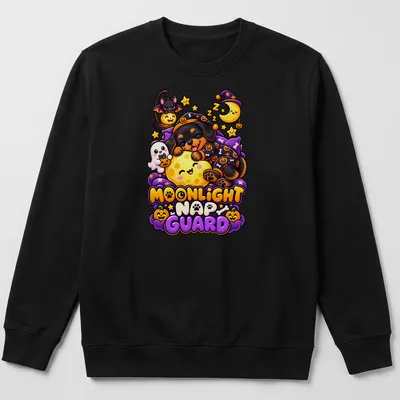 Kawaii illustration of a sleeping Rottweiler with a pumpkin and colorful text — printed on a unisex sweatshirt