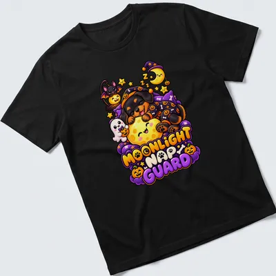 Kawaii illustration of a sleeping Rottweiler with a pumpkin and colorful text