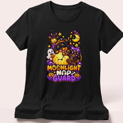 Kawaii illustration of a sleeping Rottweiler with a pumpkin and colorful text — printed on a women's shirt