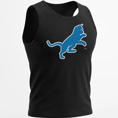 Silhouette of a blue cat with the text Motor City Kitties — printed on a tank top