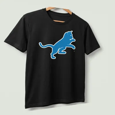 Silhouette of a blue cat with the text Motor City Kitties — printed on a unisex t-shirt (angled view)