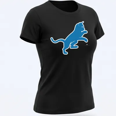 Silhouette of a blue cat with the text Motor City Kitties — printed on a women's shirt