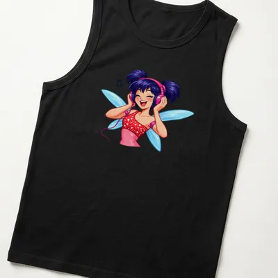 Colorful cartoon fairy with headphones enjoying music in pink, blue, and purple — printed on a tank top