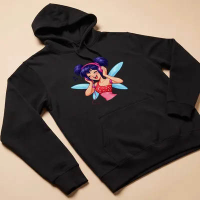 Colorful cartoon fairy with headphones enjoying music in pink, blue, and purple — printed on a unisex hoodie