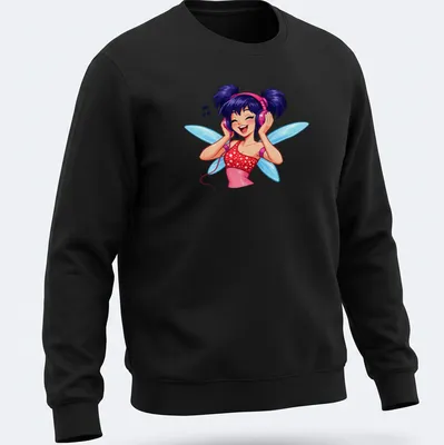 Colorful cartoon fairy with headphones enjoying music in pink, blue, and purple — printed on a unisex sweatshirt