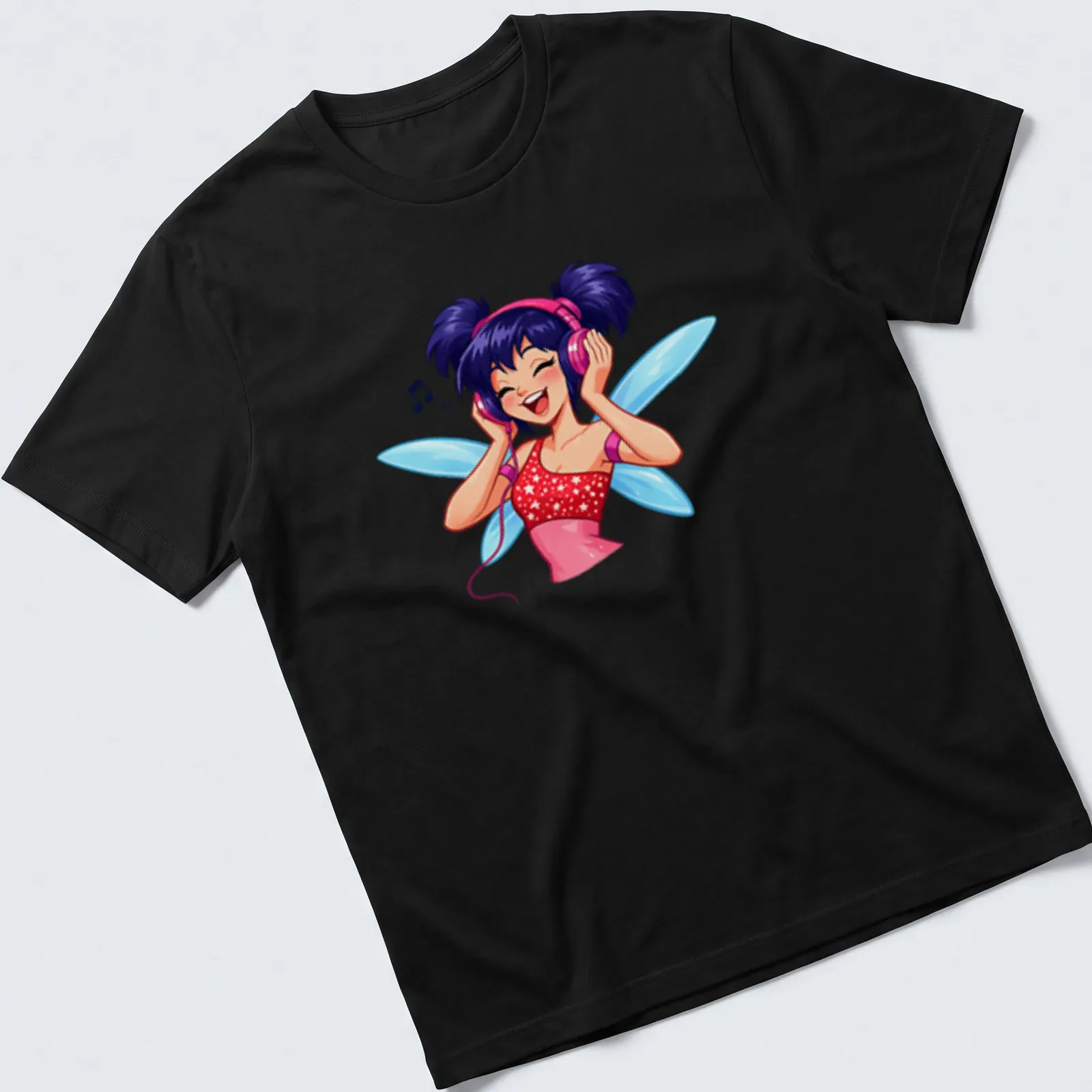 Colorful cartoon fairy with headphones enjoying music in pink, blue, and purple — printed on a unisex t-shirt