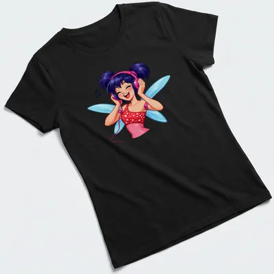 Colorful cartoon fairy with headphones enjoying music in pink, blue, and purple — printed on a women's shirt