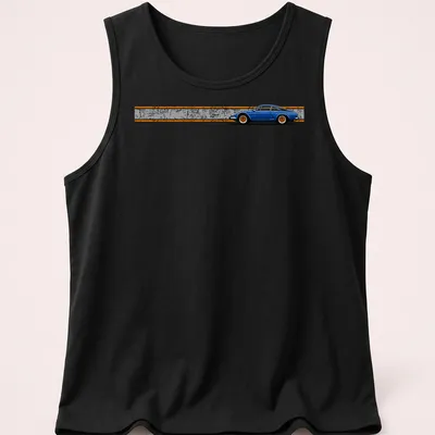 Retro distressed t-shirt featuring a drawing of a French Berlinetta car with orange rims — printed on a tank top