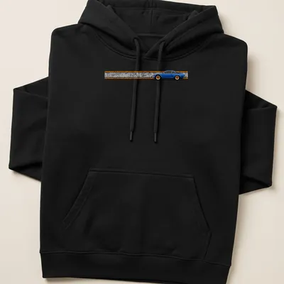 Retro distressed t-shirt featuring a drawing of a French Berlinetta car with orange rims — printed on a unisex hoodie