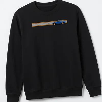 Retro distressed t-shirt featuring a drawing of a French Berlinetta car with orange rims — printed on a unisex sweatshirt