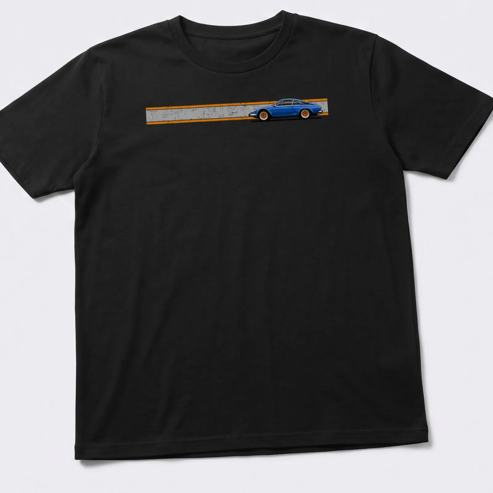 Retro distressed t-shirt featuring a drawing of a French Berlinetta car with orange rims — printed on a unisex t-shirt