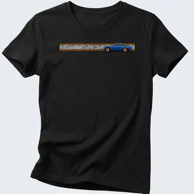 Retro distressed t-shirt featuring a drawing of a French Berlinetta car with orange rims — printed on a women's shirt