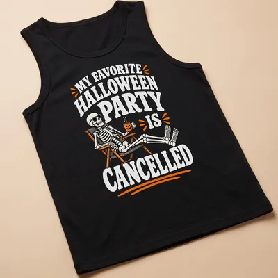 Vintage cartoon skeleton with text about a canceled Halloween party on an orange background — printed on a tank top