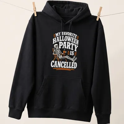Vintage cartoon skeleton with text about a canceled Halloween party on an orange background — printed on a unisex hoodie