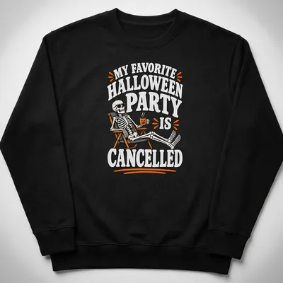 Vintage cartoon skeleton with text about a canceled Halloween party on an orange background — printed on a unisex sweatshirt