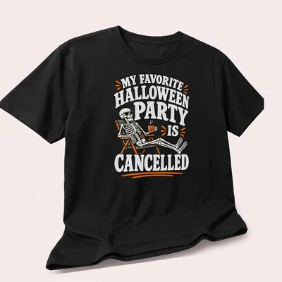 Vintage cartoon skeleton with text about a canceled Halloween party on an orange background — printed on a unisex t-shirt (angled view)