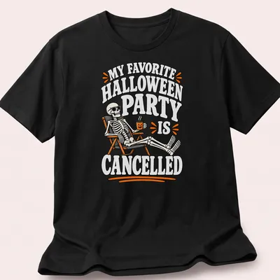 Vintage cartoon skeleton with text about a canceled Halloween party on an orange background
