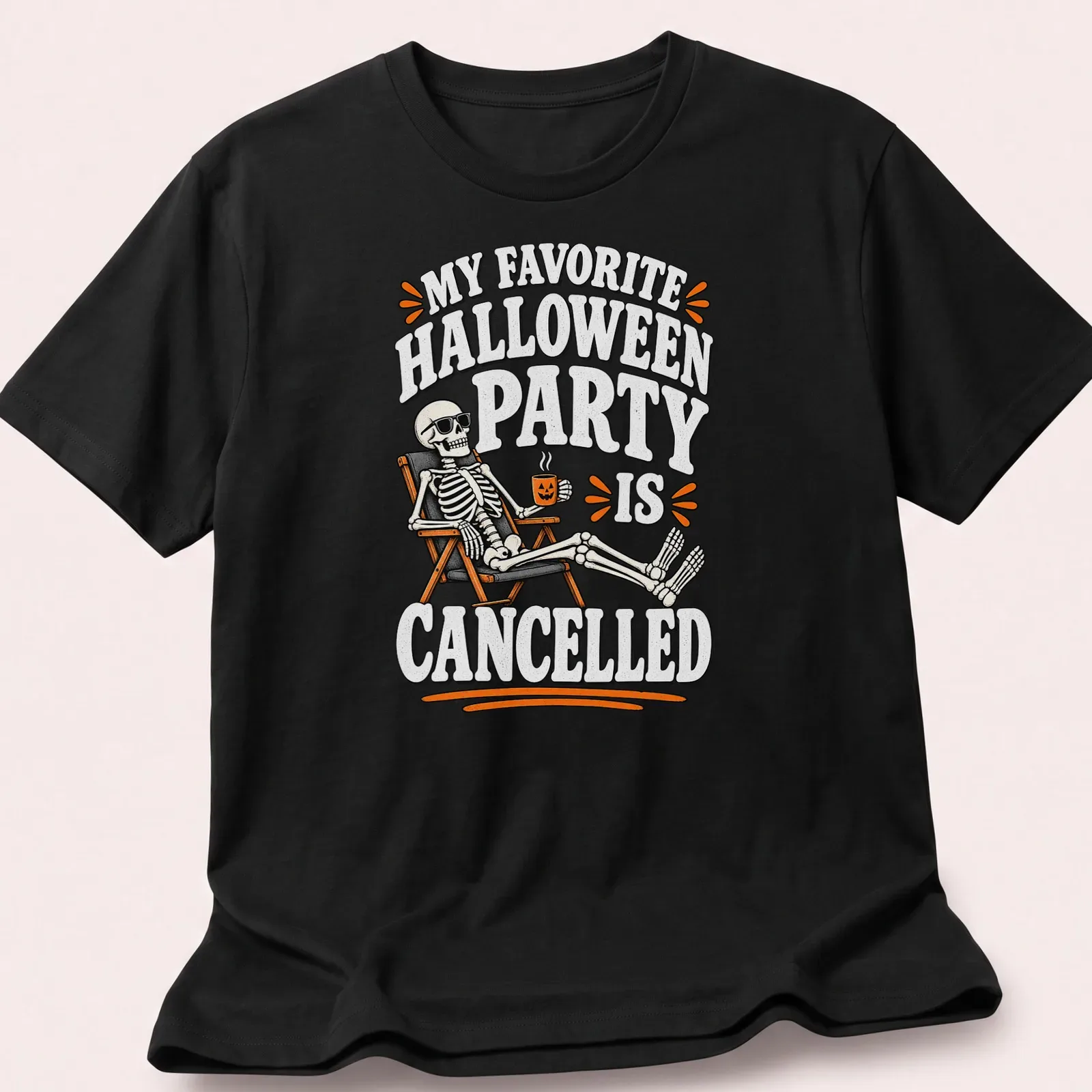 Vintage cartoon skeleton with text about a canceled Halloween party on an orange background — printed on a unisex t-shirt