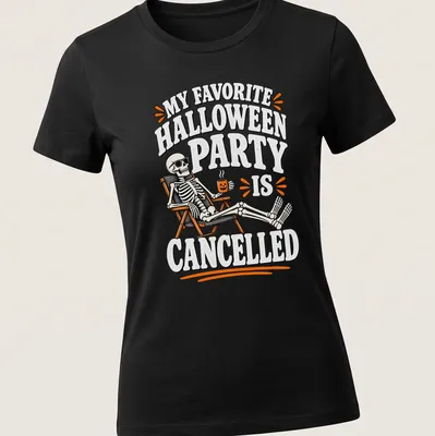Vintage cartoon skeleton with text about a canceled Halloween party on an orange background — printed on a women's shirt