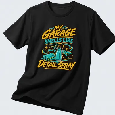 Bold text shirt with humorous car cleaning theme in vibrant colors