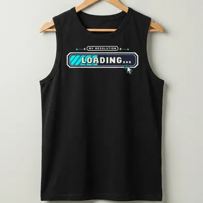 Pixel art loading screen t-shirt with humorous New Year resolution text. — printed on a tank top