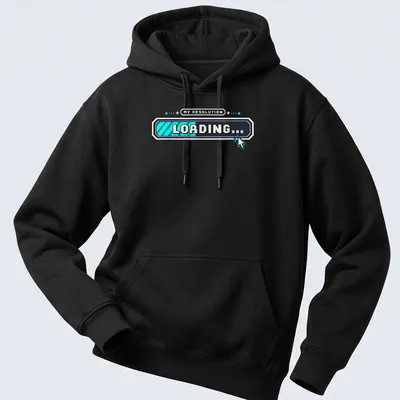 Pixel art loading screen t-shirt with humorous New Year resolution text. — printed on a unisex hoodie