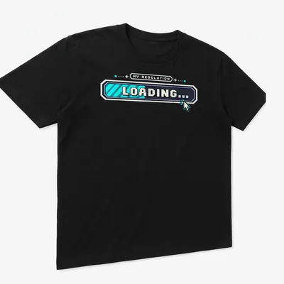Pixel art loading screen t-shirt with humorous New Year resolution text. — printed on a unisex t-shirt (angled view)
