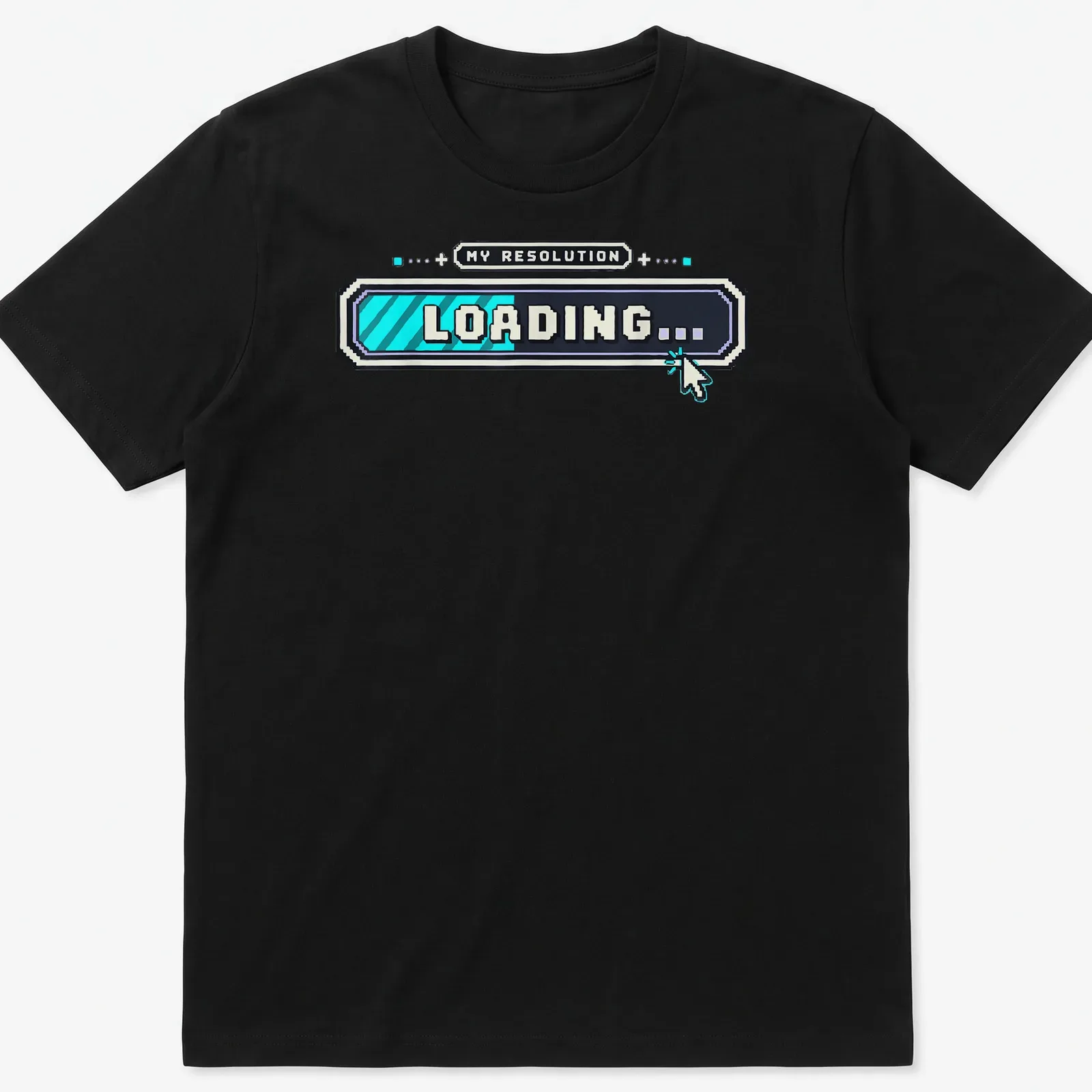 Pixel art loading screen t-shirt with humorous New Year resolution text. — printed on a unisex t-shirt