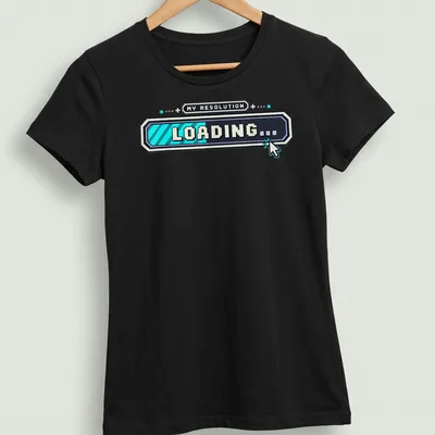 Pixel art loading screen t-shirt with humorous New Year resolution text. — printed on a women's shirt