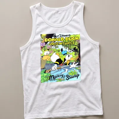 Comic book style shirt featuring Donald Duck in a swamp with vibrant colors — printed on a tank top