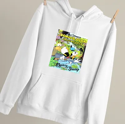 Comic book style shirt featuring Donald Duck in a swamp with vibrant colors — printed on a unisex hoodie