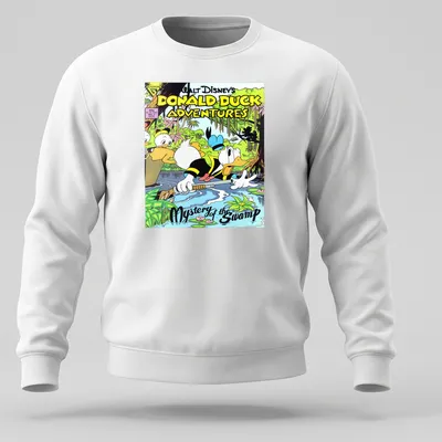 Comic book style shirt featuring Donald Duck in a swamp with vibrant colors — printed on a unisex sweatshirt