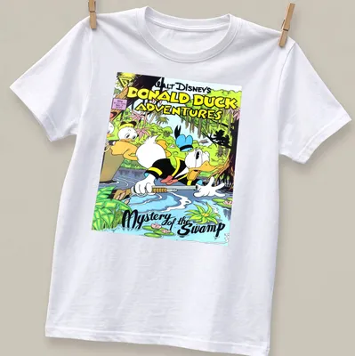 Comic book style shirt featuring Donald Duck in a swamp with vibrant colors