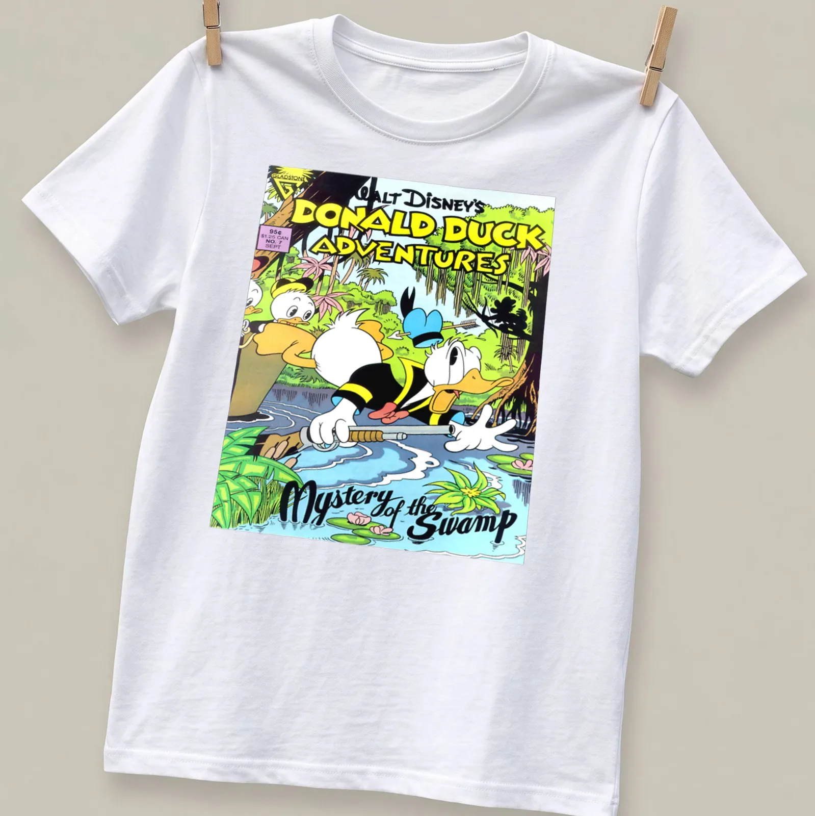Comic book style shirt featuring Donald Duck in a swamp with vibrant colors — printed on a unisex t-shirt