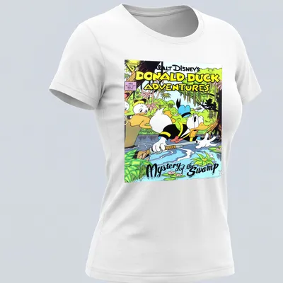 Comic book style shirt featuring Donald Duck in a swamp with vibrant colors — printed on a women's shirt