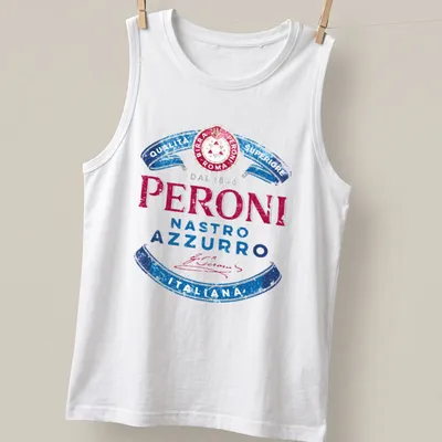 Vintage distressed Peroni beer logo shirt with red, blue, and white colors — printed on a tank top