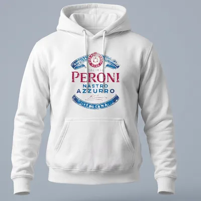Vintage distressed Peroni beer logo shirt with red, blue, and white colors — printed on a unisex hoodie