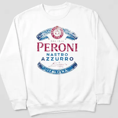 Vintage distressed Peroni beer logo shirt with red, blue, and white colors — printed on a unisex sweatshirt
