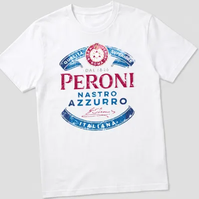Vintage distressed Peroni beer logo shirt with red, blue, and white colors