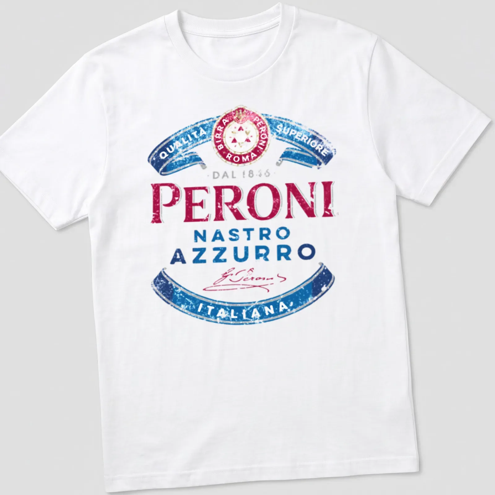 Vintage distressed Peroni beer logo shirt with red, blue, and white colors — printed on a unisex t-shirt