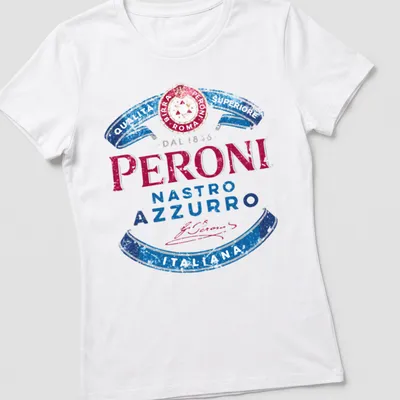 Vintage distressed Peroni beer logo shirt with red, blue, and white colors — printed on a women's shirt